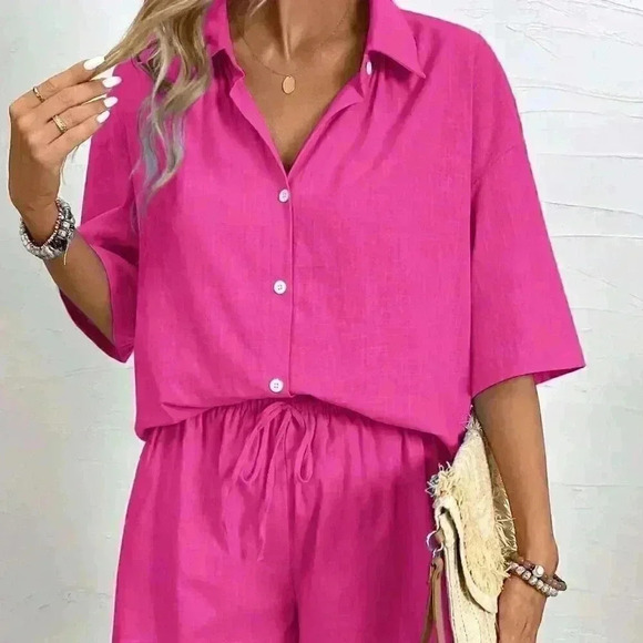 Hot Pink Casual Women's Summer Solid Color Drop-Shoulder Shirt And Loose Shorts - Picture 3 of 7